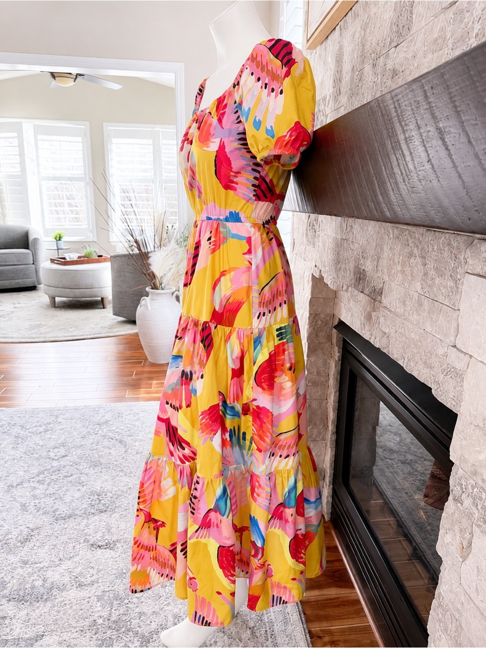 Farm Rio Yellow Tropical Bird Print Maxi Dress Puff Sleeve Tiered Boho S - Picture 3 of 9